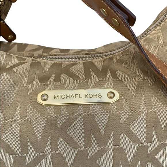 Michael Kors Canvas Hobo Shoulder Bag Tan MK Logo Gold Hardware Leather Trim - Picture 3 of 12
